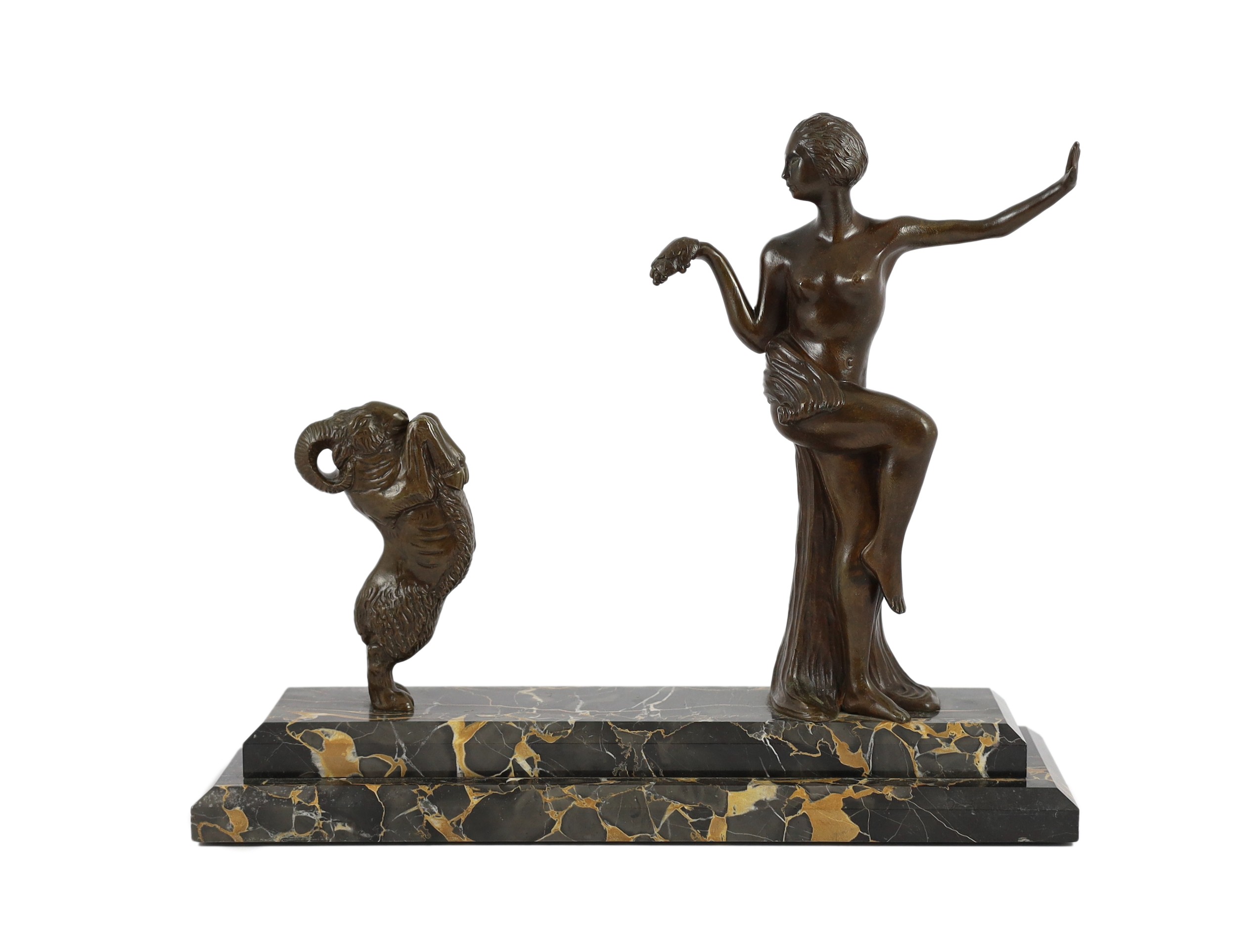 Henri Auguste Payen. An Art Deco bronze group of a female dancer and a rearing goat, 33cm high 39.5cm long
